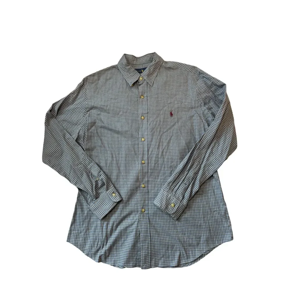 Polo Ralph Lauren Button Up Shirt Mens Large L Blue Plaid Check Cotton Pony